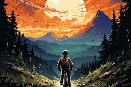 a boy cycling in hill , view from ba, a Photo by SaroStock