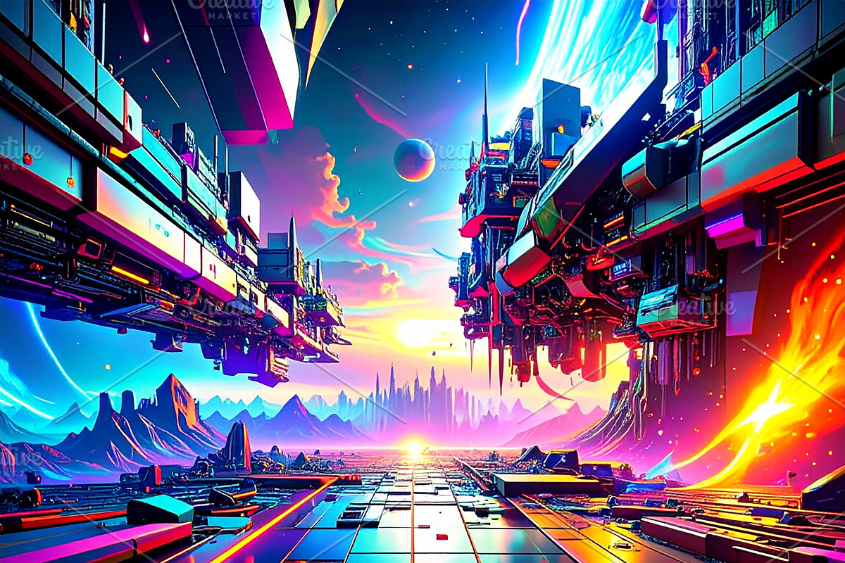 Colorful image of a futuristic cityscape, a Decorative Illustration by DanFLCreativo