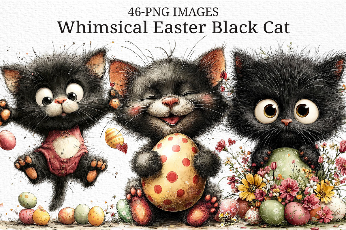 Whimsical Easter Black Cat Clipart, an Illustration by Craft Nest (Photo 1 of 11)