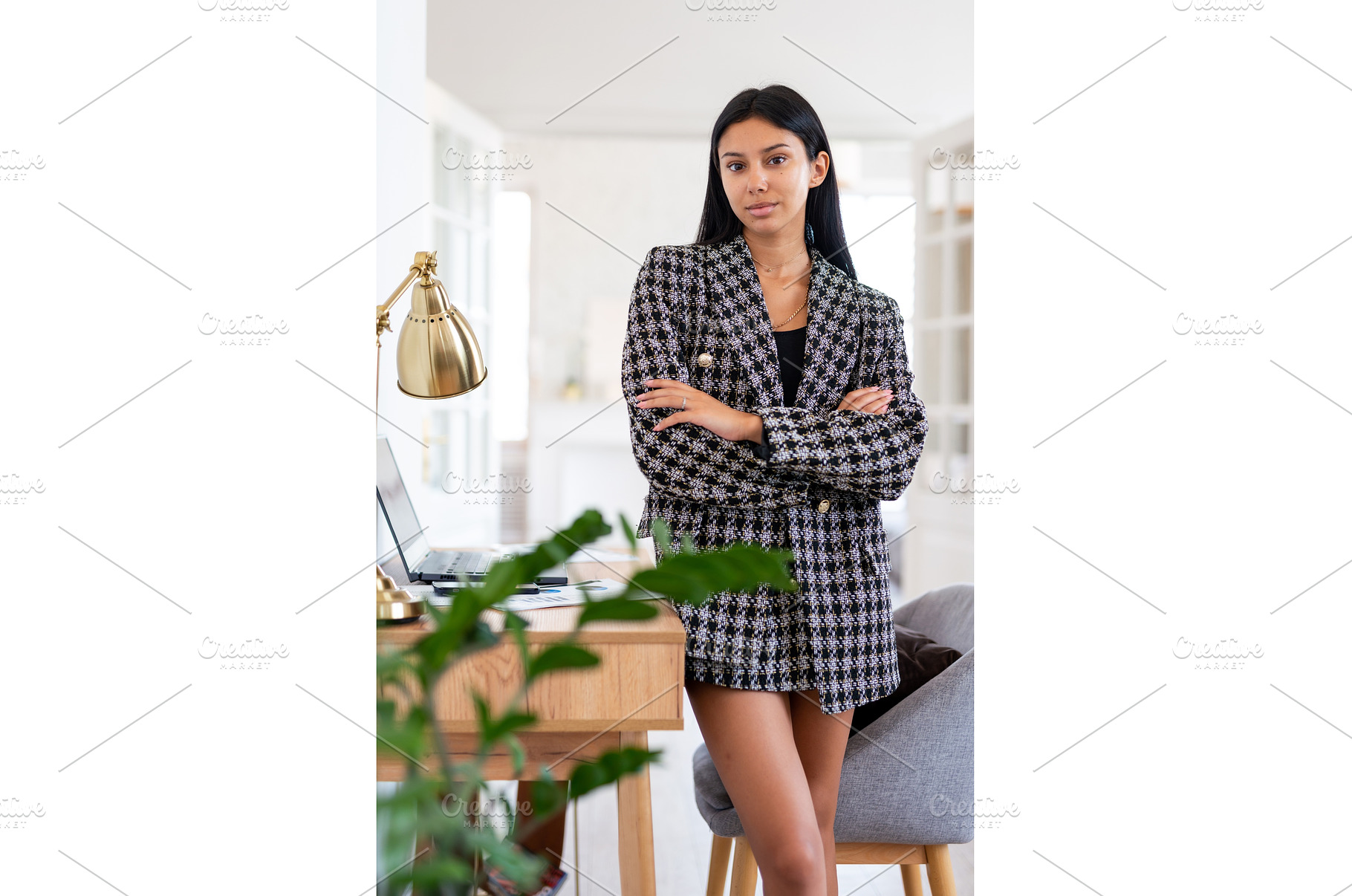 Woman standing at home office, a Person Photo by undrey