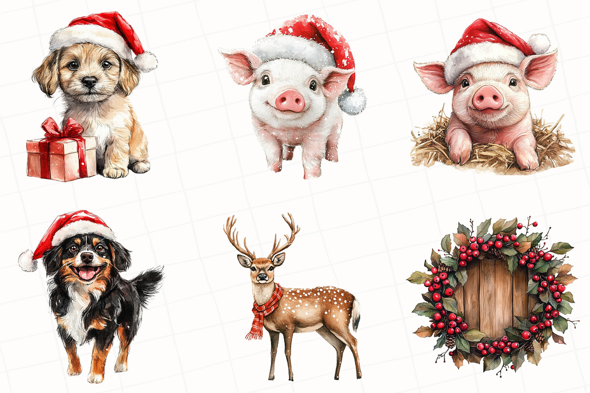 Christmas Farm Watercolor Clipart, an Illustration by OK Design (Photo 4 of 5)