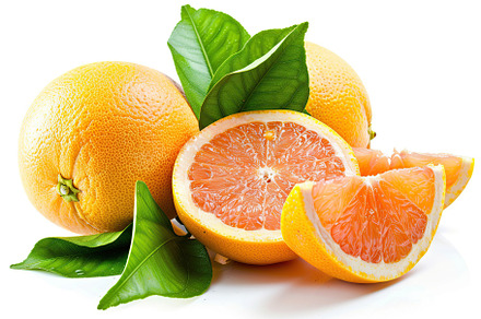 Fresh and tasty grapefruits with green leaves on white background, a Food & Drink Photo by AlyaAnd