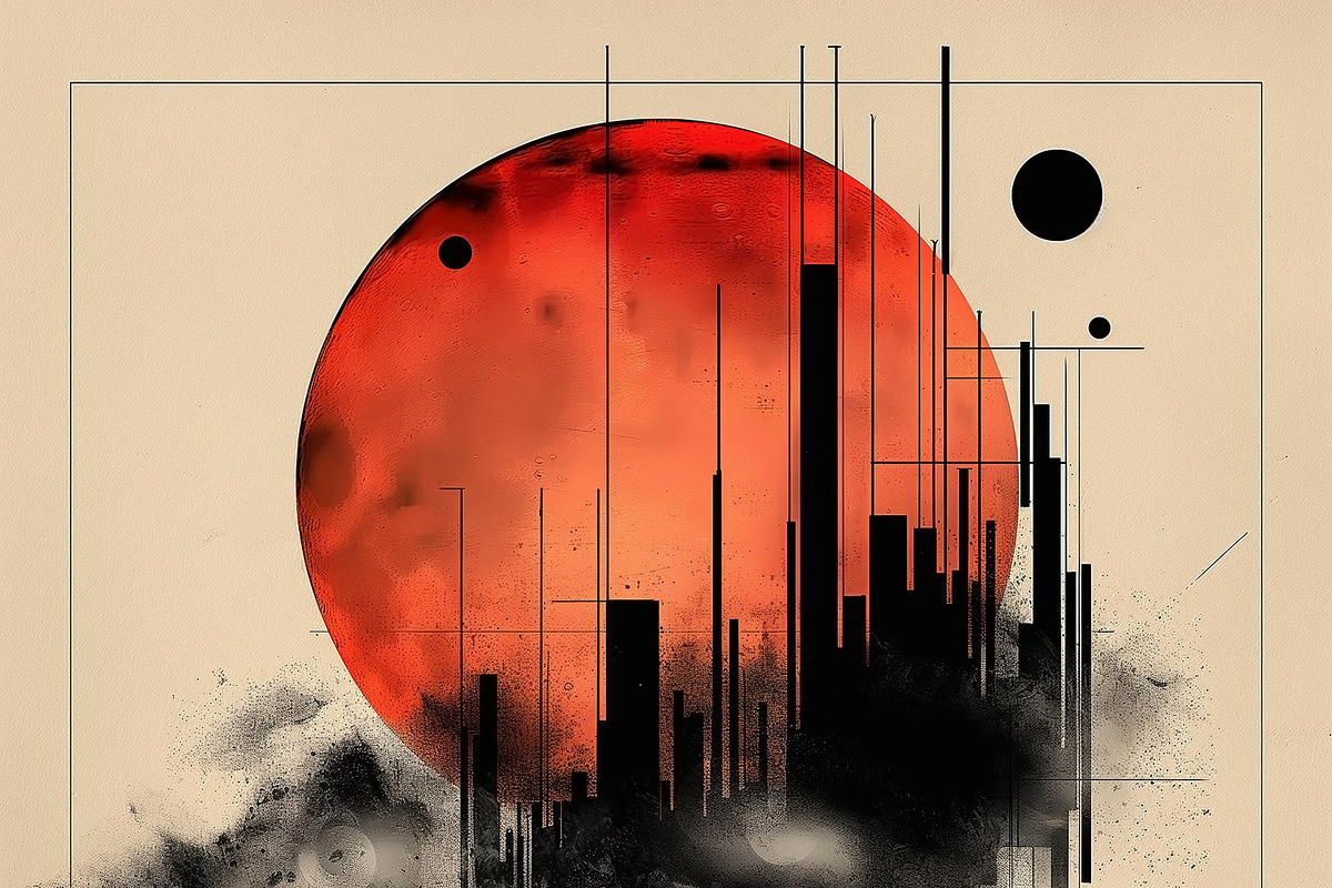 A striking abstract artwork depicting a large red sun amidst geo, a Decorative Illustration by ImageMir
