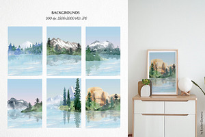 Watercolor Mountain Lake Landscape