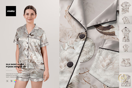 Silk Short-sleeve Pyjama Mockup Set, a Bottom Mockup by creatsy5