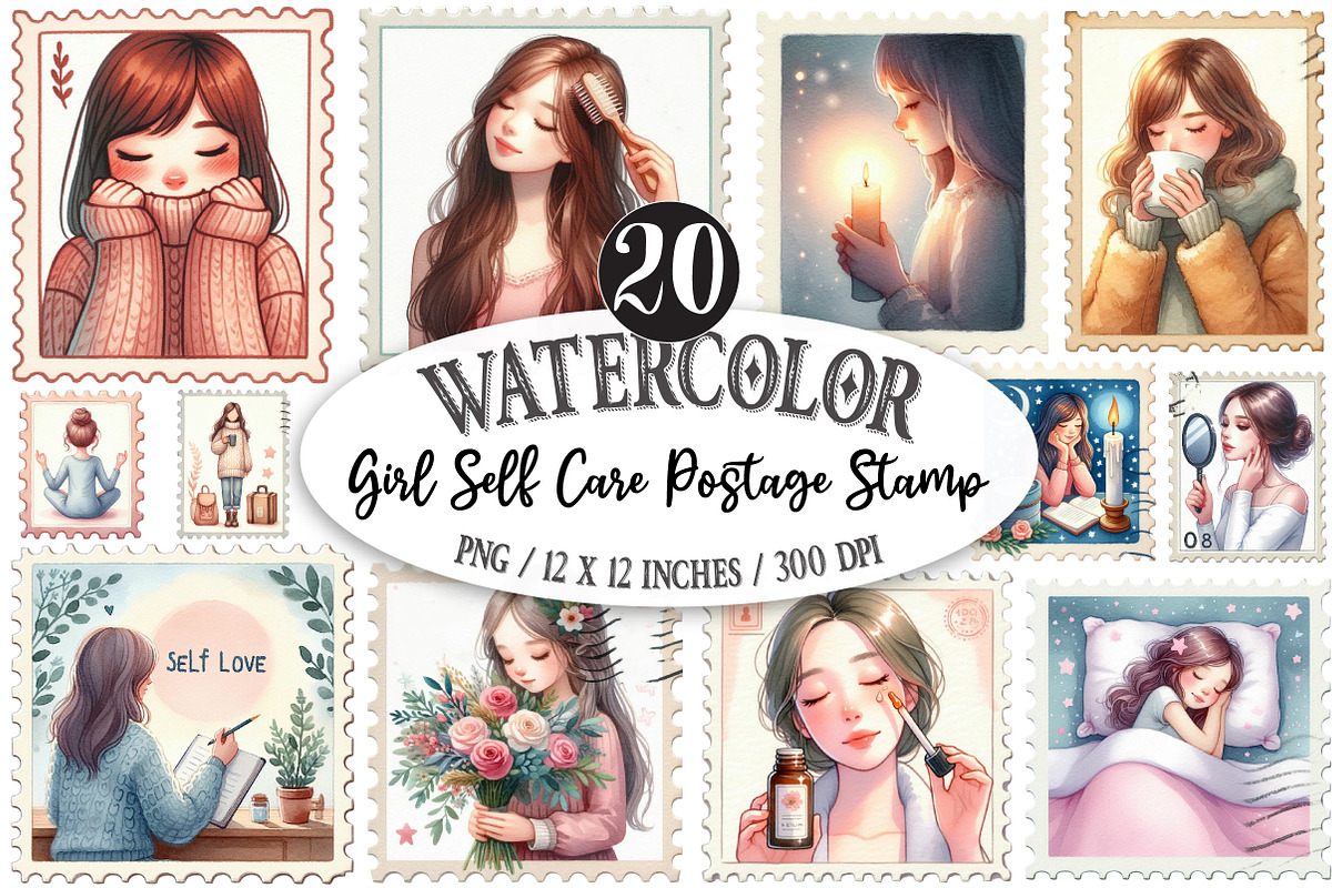 Watercolor Girl Self Care Postage, an Illustration by Designking (Photo 1 of 5)