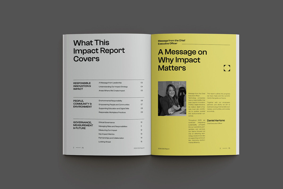 Gray Minimal ESG Impact Report, a Brochure Template by Neermana (Photo 6 of 11)
