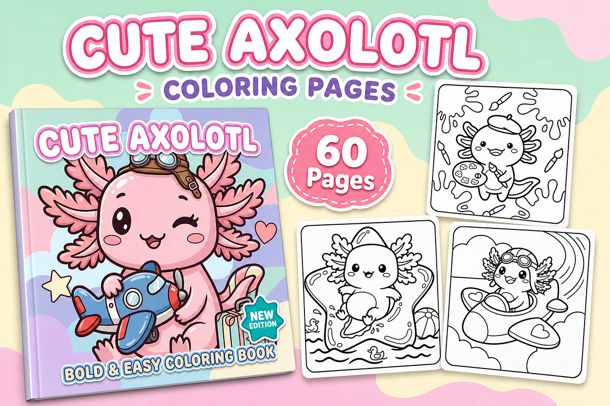 Cute Axolotl Coloring Pages, an Animal Illustration by Inkivelle Studio (Photo 1 of 3)