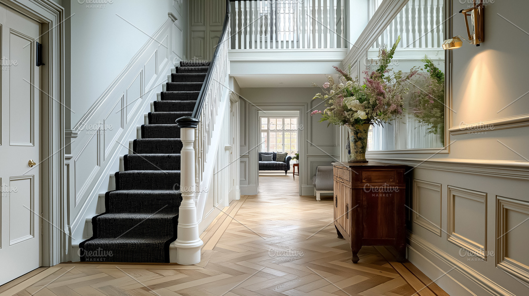 Elegant home interior with grand staircase, herringbone wood floor, wainscoting, an Architecture Photo by Studio ANNA