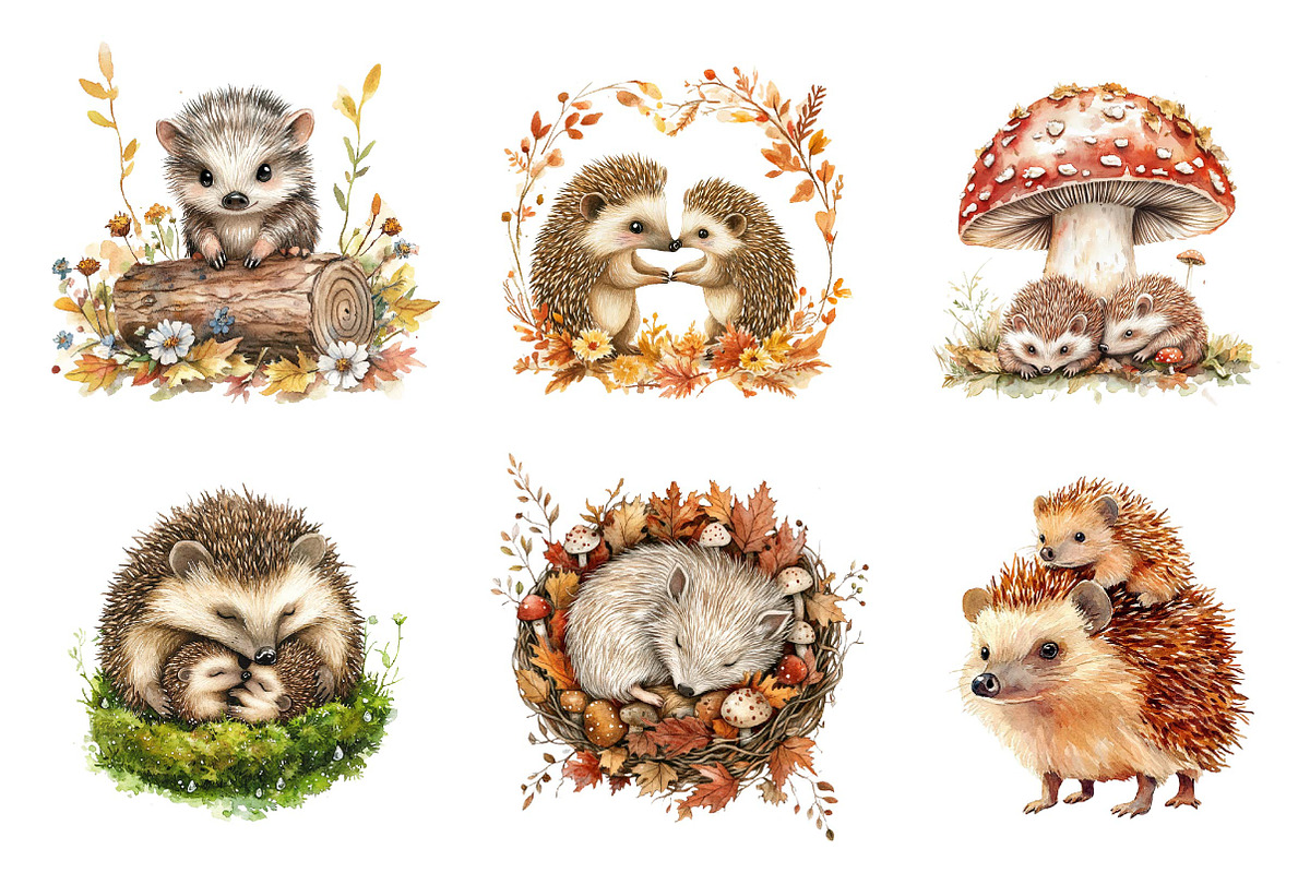 Watercolor Hedgehog & Hoglet Clipart, an Illustration by CreationArt (Photo 3 of 5)