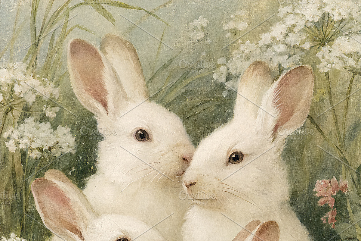 Four white rabbits gathering in a lush green garden among delica, an Illustration by Studio ANNA