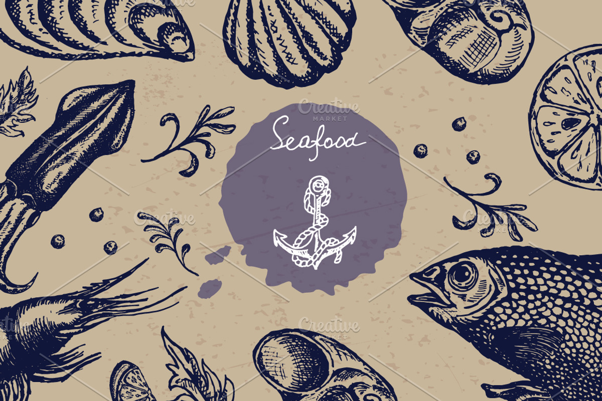 Vintage vector seafood set, a Graphic by SHom (Photo 1 of 6)