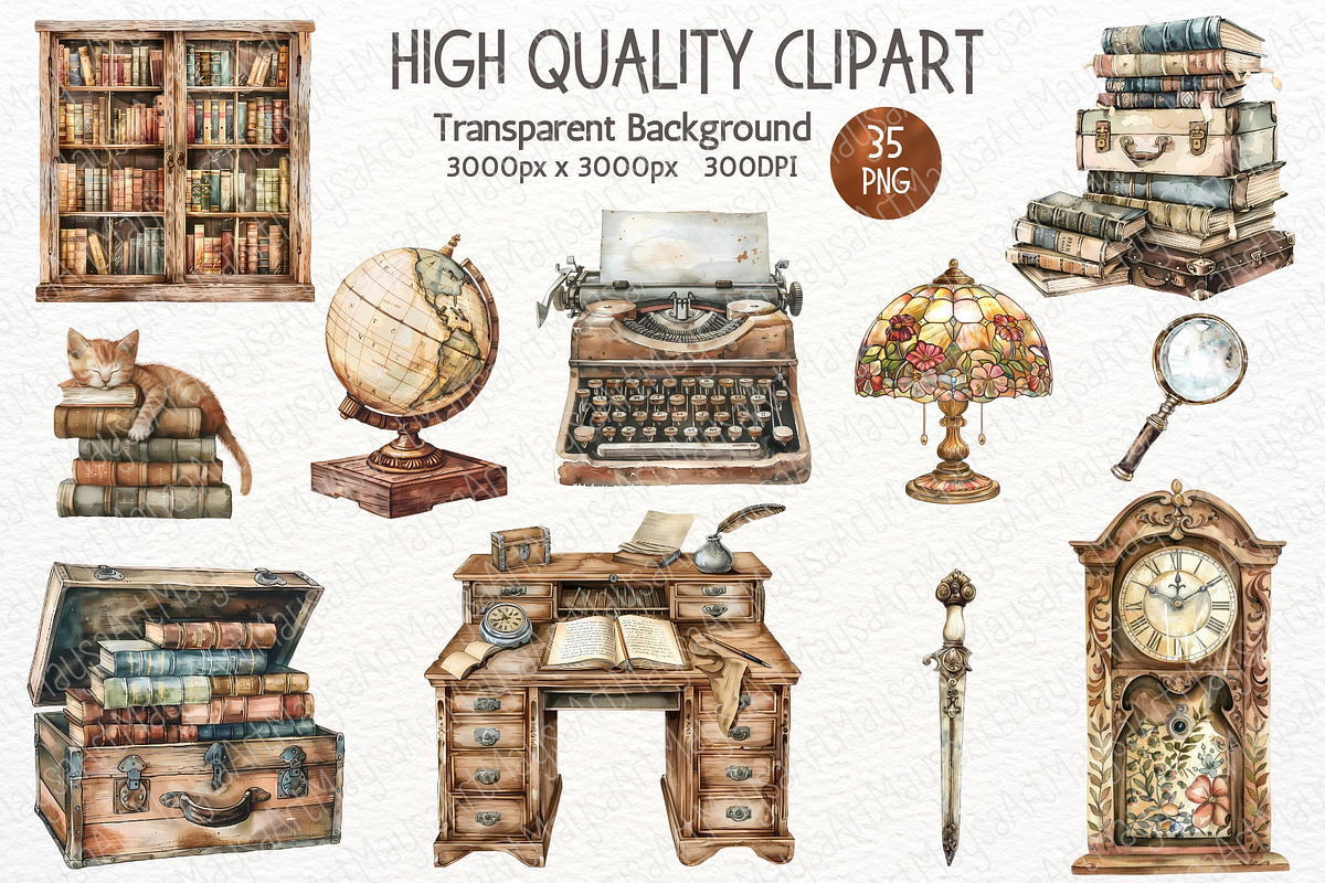 Watercolor Vintage Library Clipart, an Illustration by Maysa Art (Photo 5 of 6)
