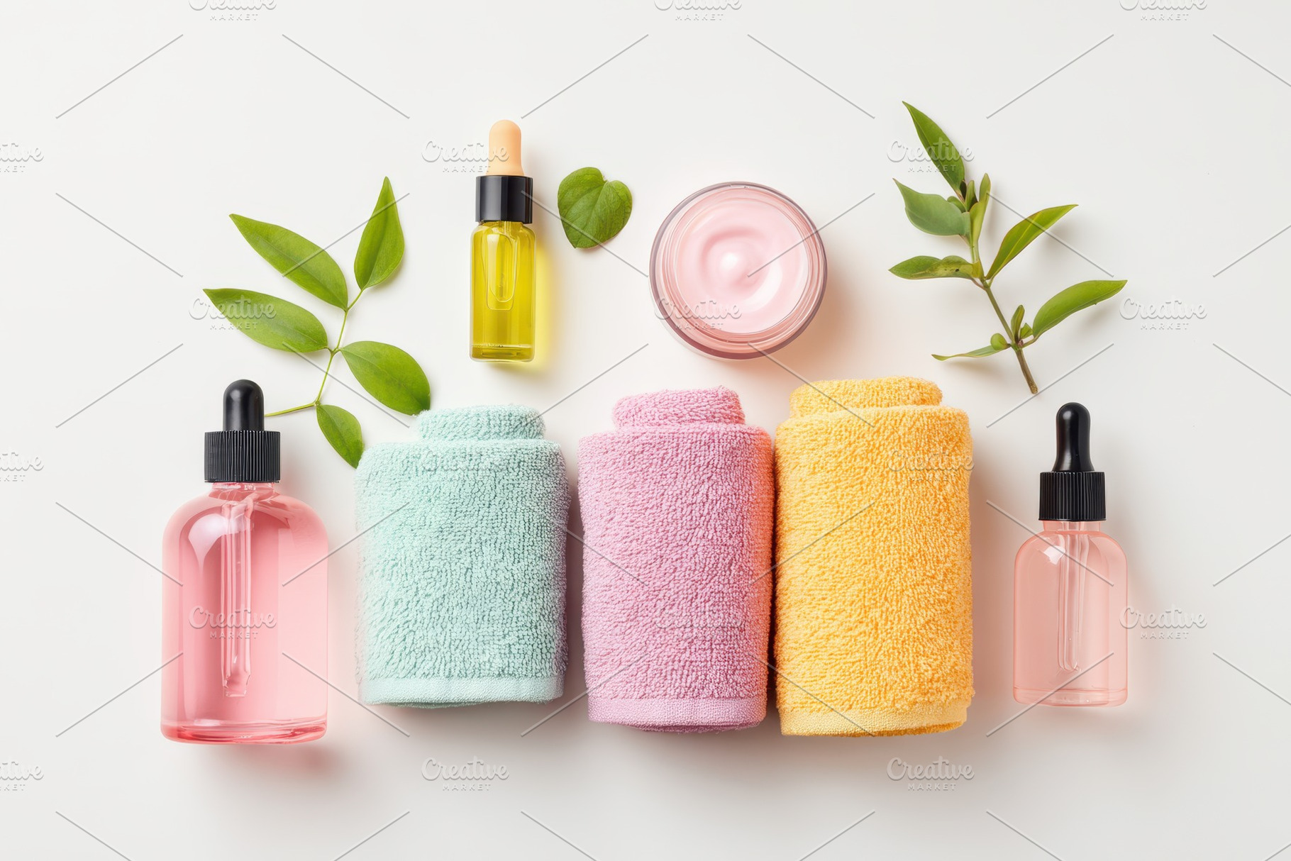 Collection of cosmetic bottles and jars with towels, a Beauty & Fashion Photo by AlyaAnd