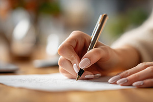 Writing a note at a wooden table, a Photo by Beautiful things