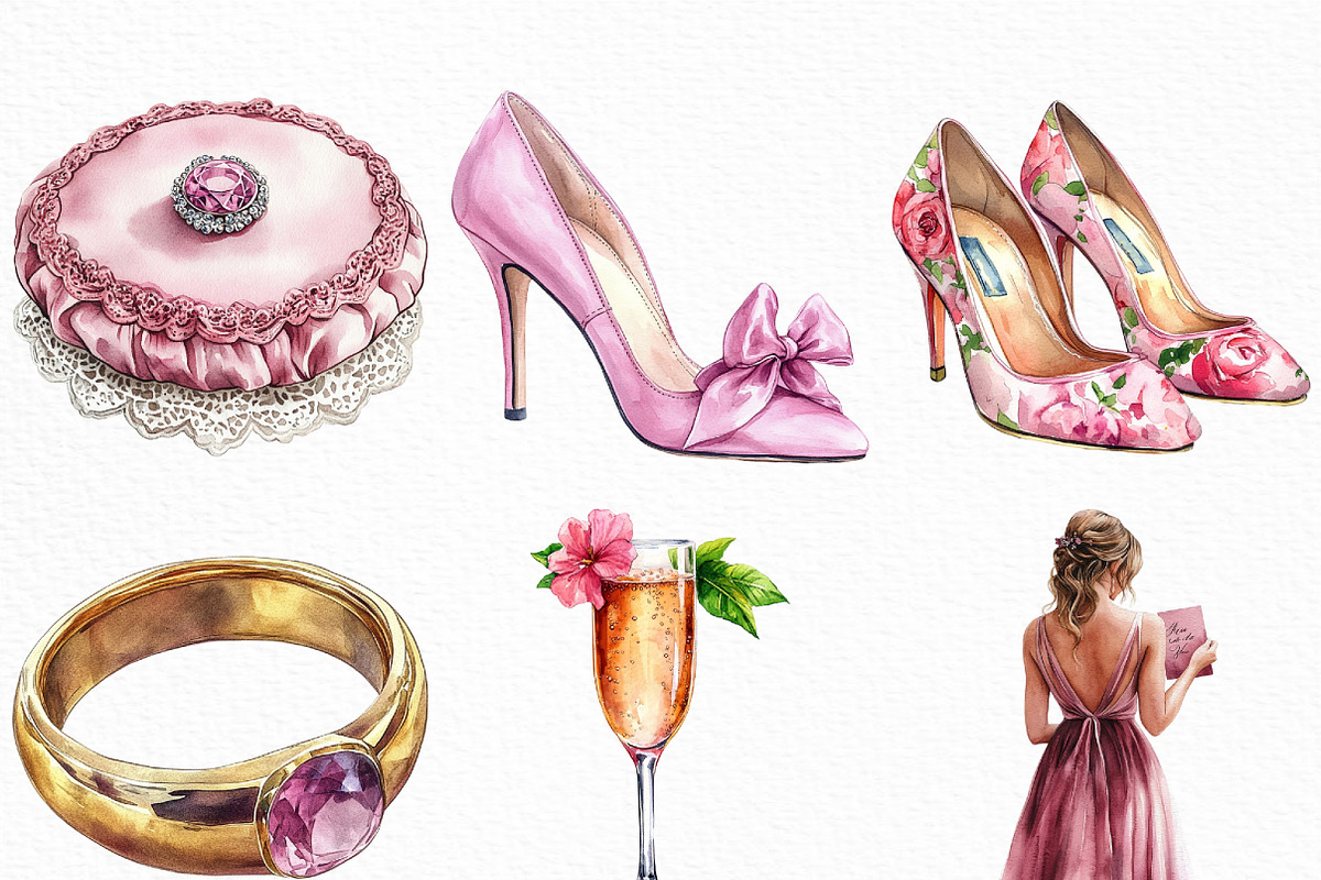 Watercolor Pink Wedding Day Clipart, an Illustration by Craft Nest (Photo 5 of 6)