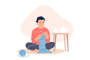 Man knitting. Male handmade hobby