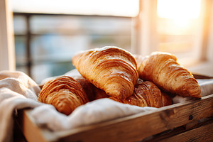 Baked croissants stacked in a rustic basket during sunset light, a Food & Drink Photo by AlyaAnd