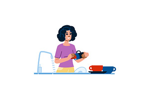 Woman washing dishes in kitchen sink, an Object Illustration by pikepicture