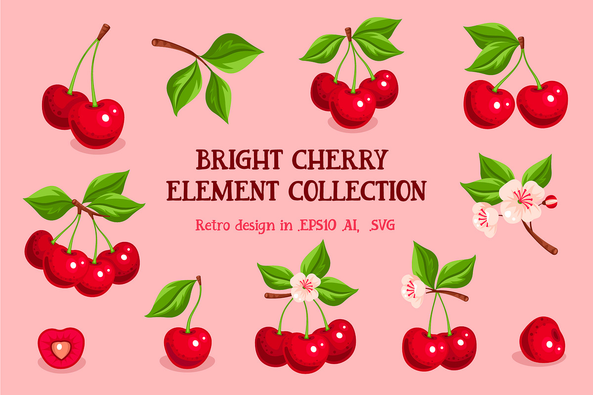 Cherries Illustration Vector Set, a Food Illustration by Lettering_Logo (Photo 1 of 4)