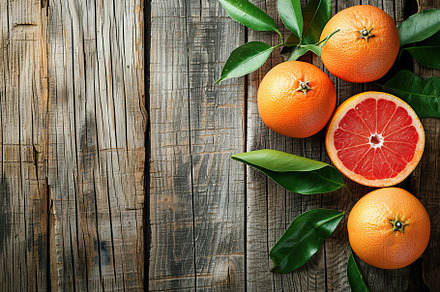 Fresh grapefruit with green leafs on wooden table, a Food & Drink Photo by AlyaAnd