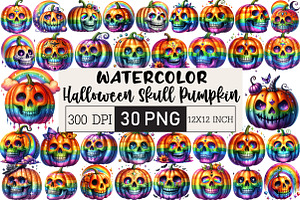 Halloween Skull Pumpkin Clipart, an Illustration by Black Bird Studio
