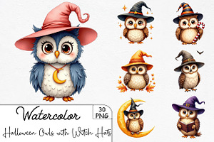 Halloween Owls with Witch Hats Clipa, an Illustration by CrexoraLab