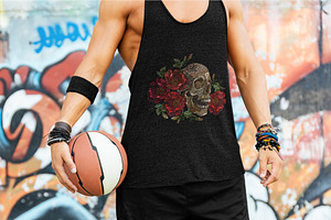 Embroidery Human Skull And Red Roses