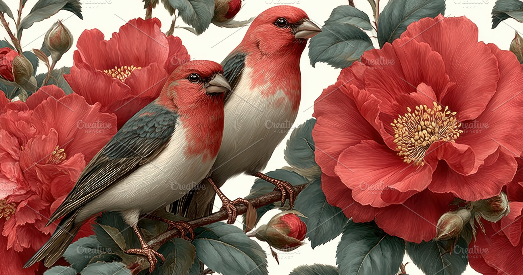 Two red and white songbirds perched on a branch surrounded by la, a Nature Photo by José Manuel Gelpi