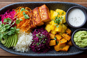 Colorful vegan bowl grilled tofu, a Food & Drink Photo by MistyDay