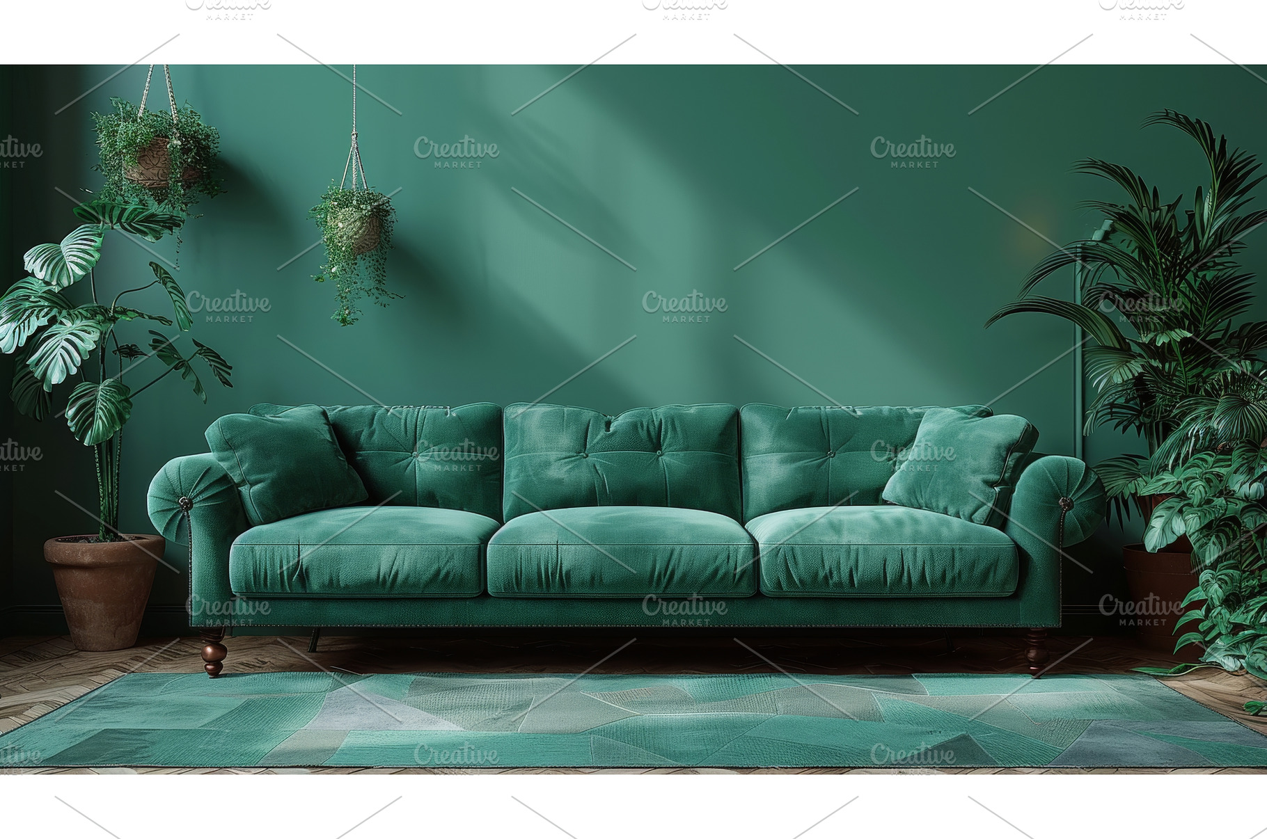 Green sofa and green decor on dark, an Architecture Photo by ZinetroN