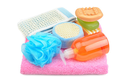 Towel, soap, shampoo and sponge, a Health & Medical Photo by Serg64