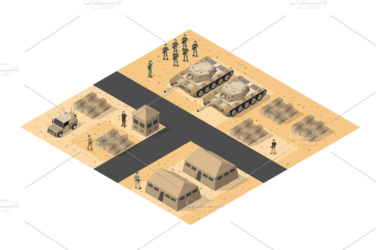 Military base in desert with tanks, an Illustration by AlexZeL