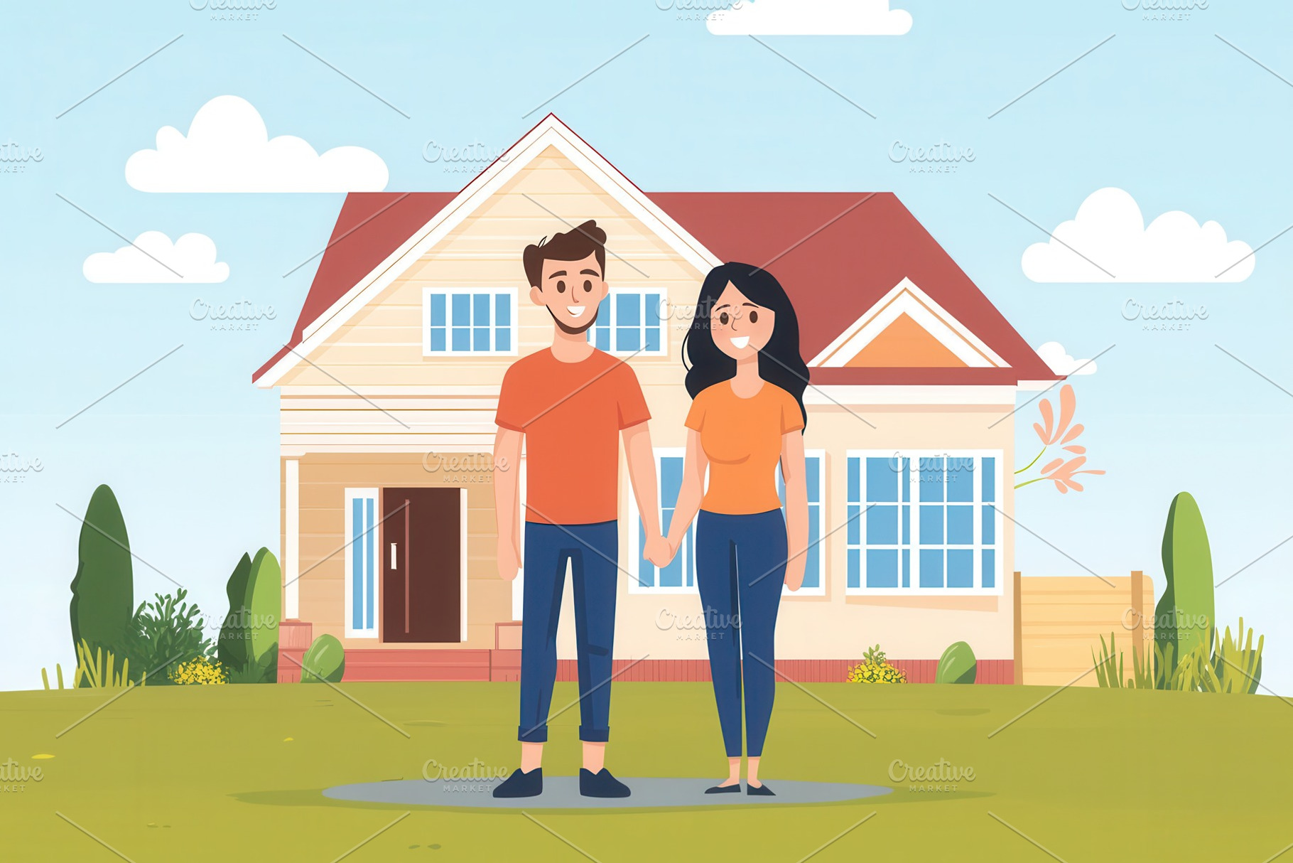 Happy couple outside their new home, a Photo by Pavel_design