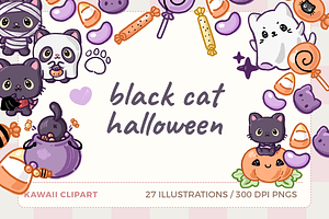 Kawaii Black Cat Clipart, a Seasonal Illustration by TheClipAtelier