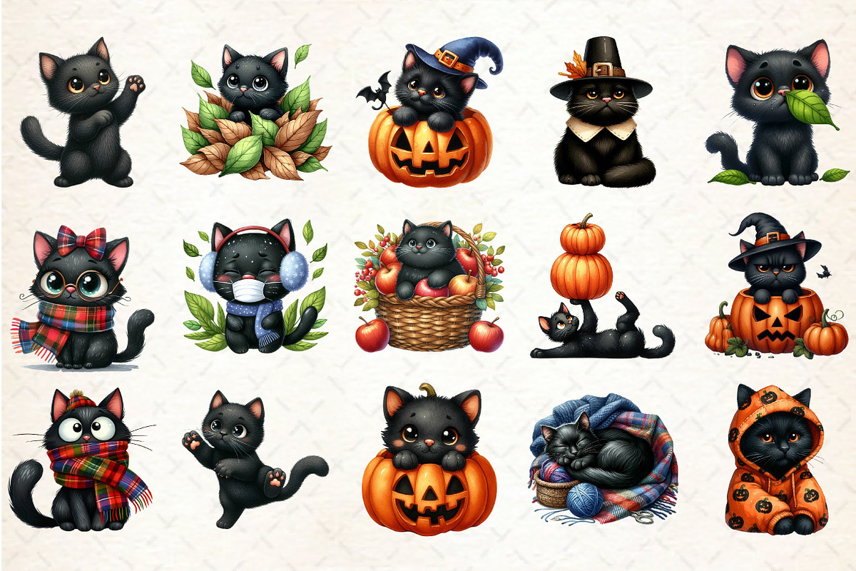 Funny Autumn Black Cat Clipart, an Illustration by Rose Art (Photo 2 of 7)