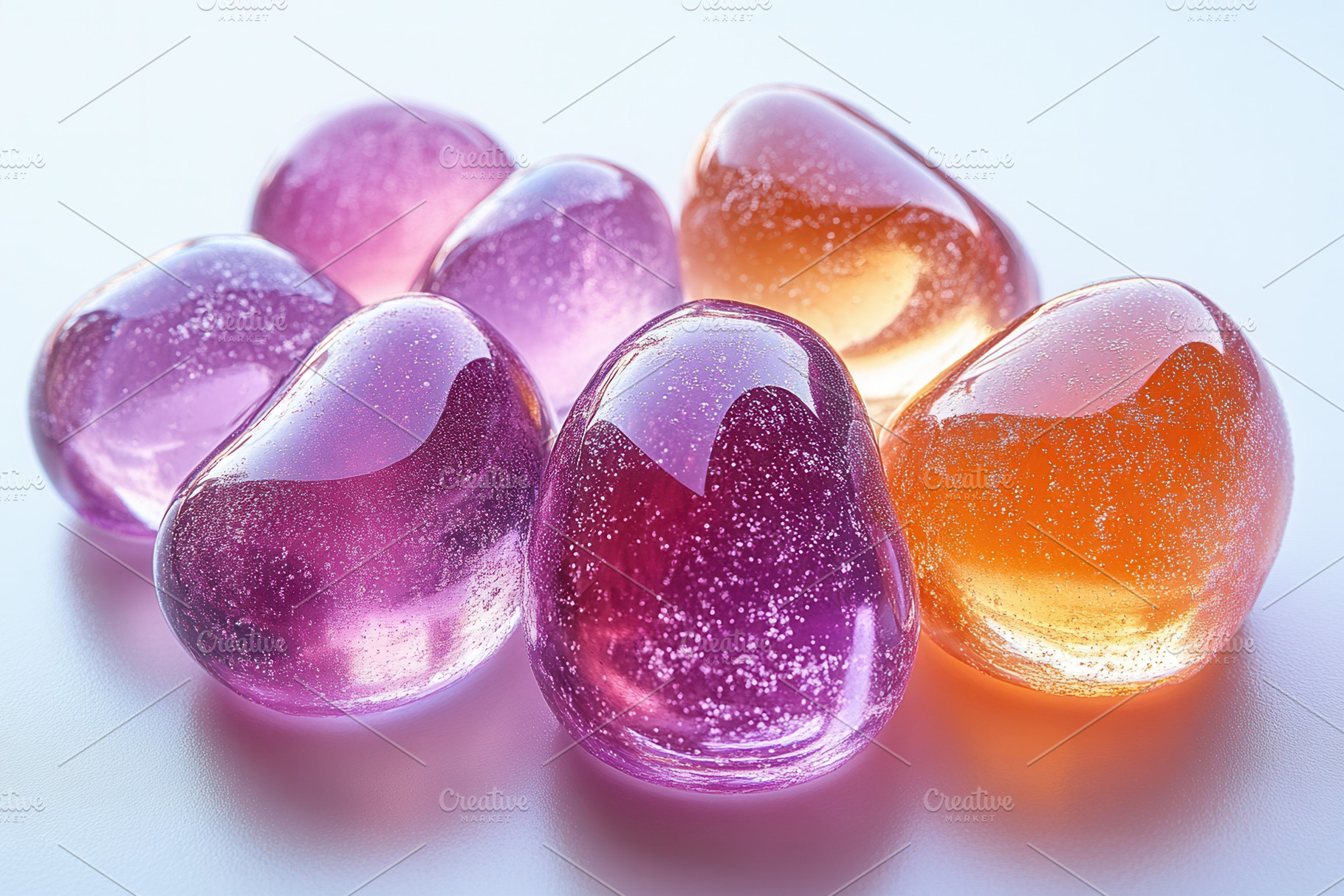 Colorful gel-like stones arranged on, a Photo by Tanuart