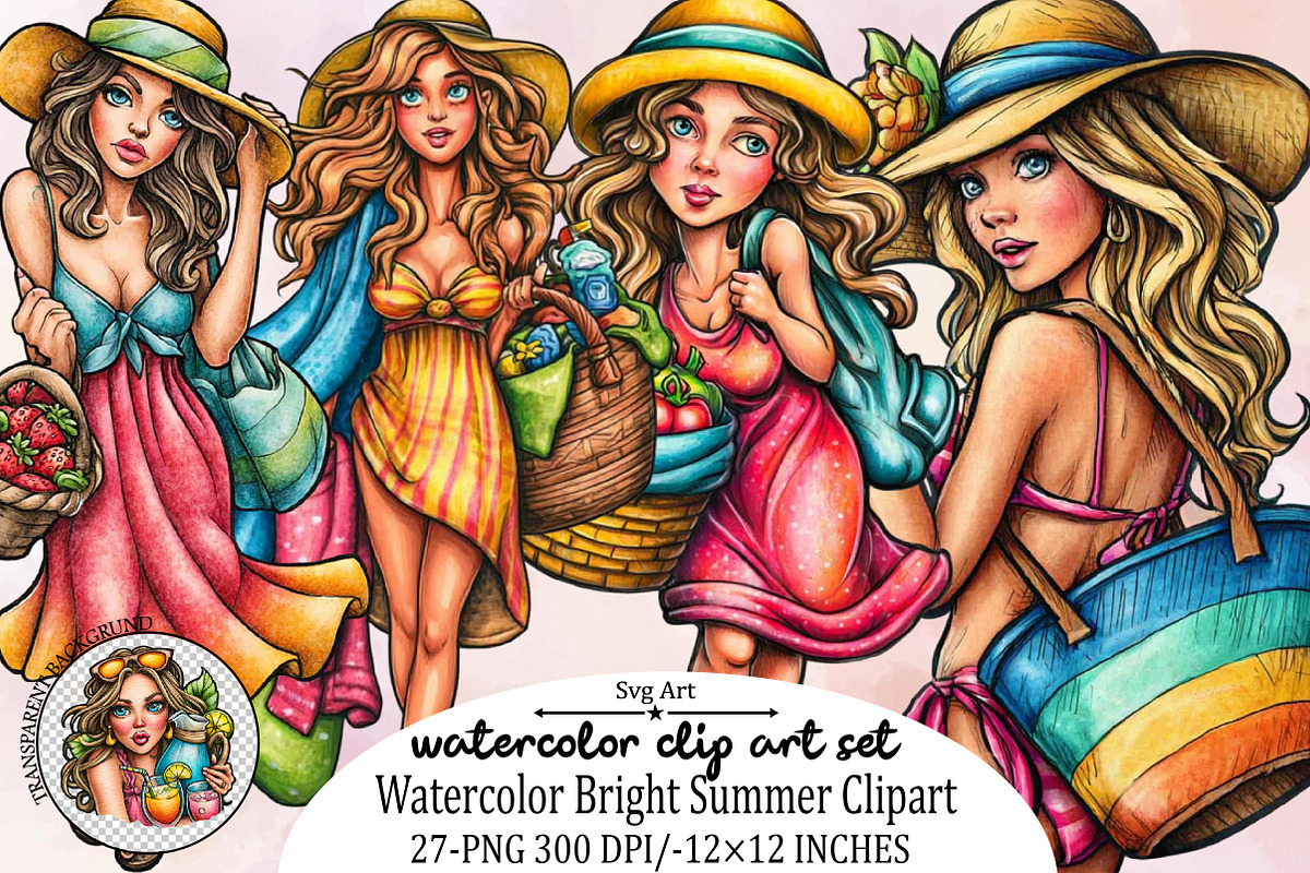 Watercolor Bright Summer Clipart Bun, an Illustration by SVGArt (Photo 1 of 9)