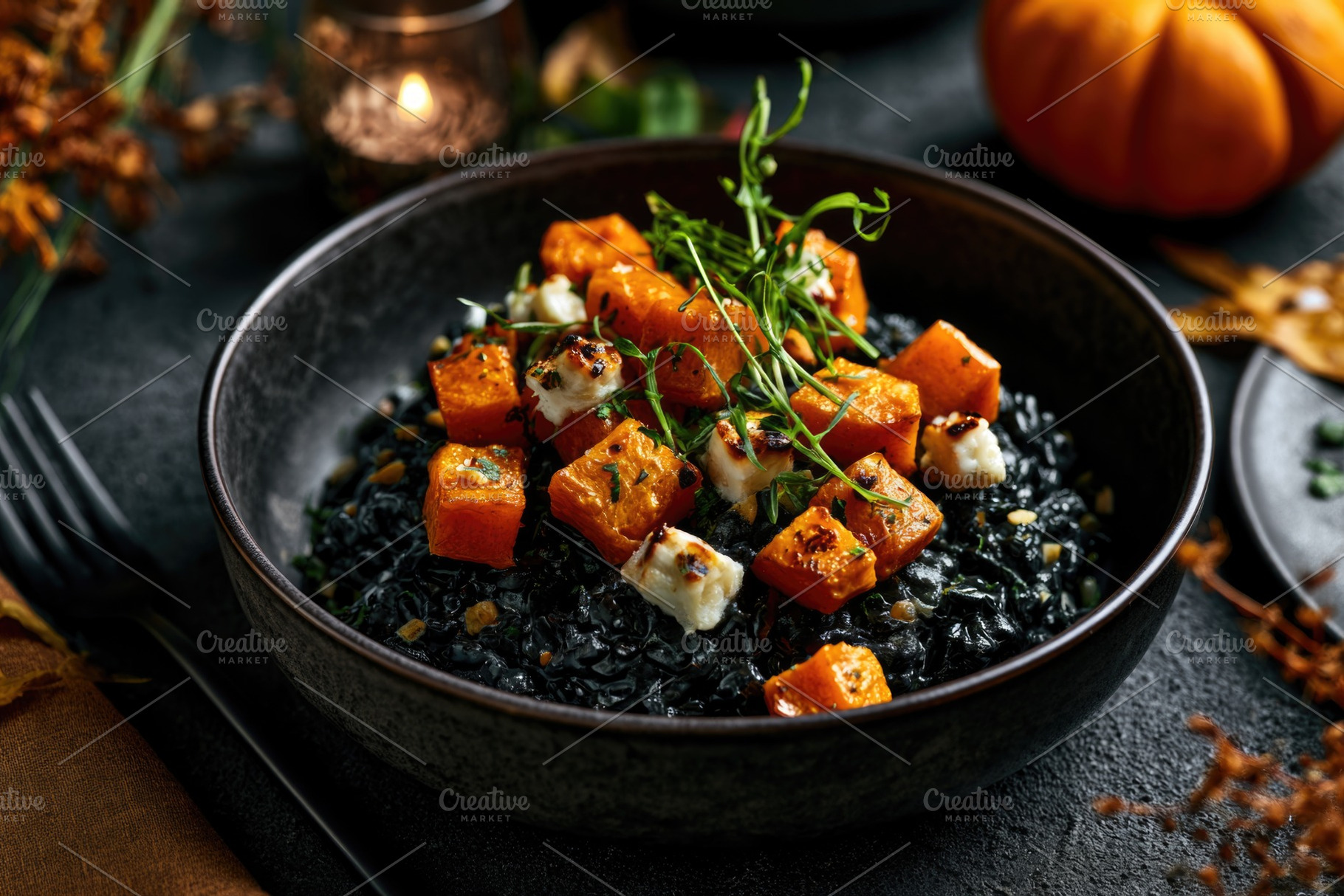 Black squid ink risotto with roasted pumpkin for Halloween dinne, a Food & Drink Photo by José Manuel Gelpi