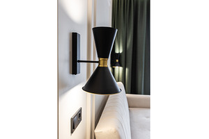 Close up wall lamp with curtains and, an Architecture Photo by wip3out