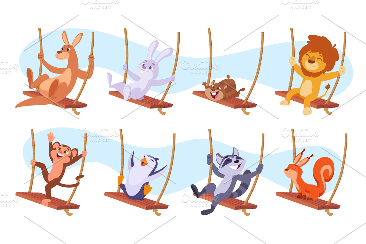 Animals swing. Funny cartoon, an Animal Illustration by Onyx