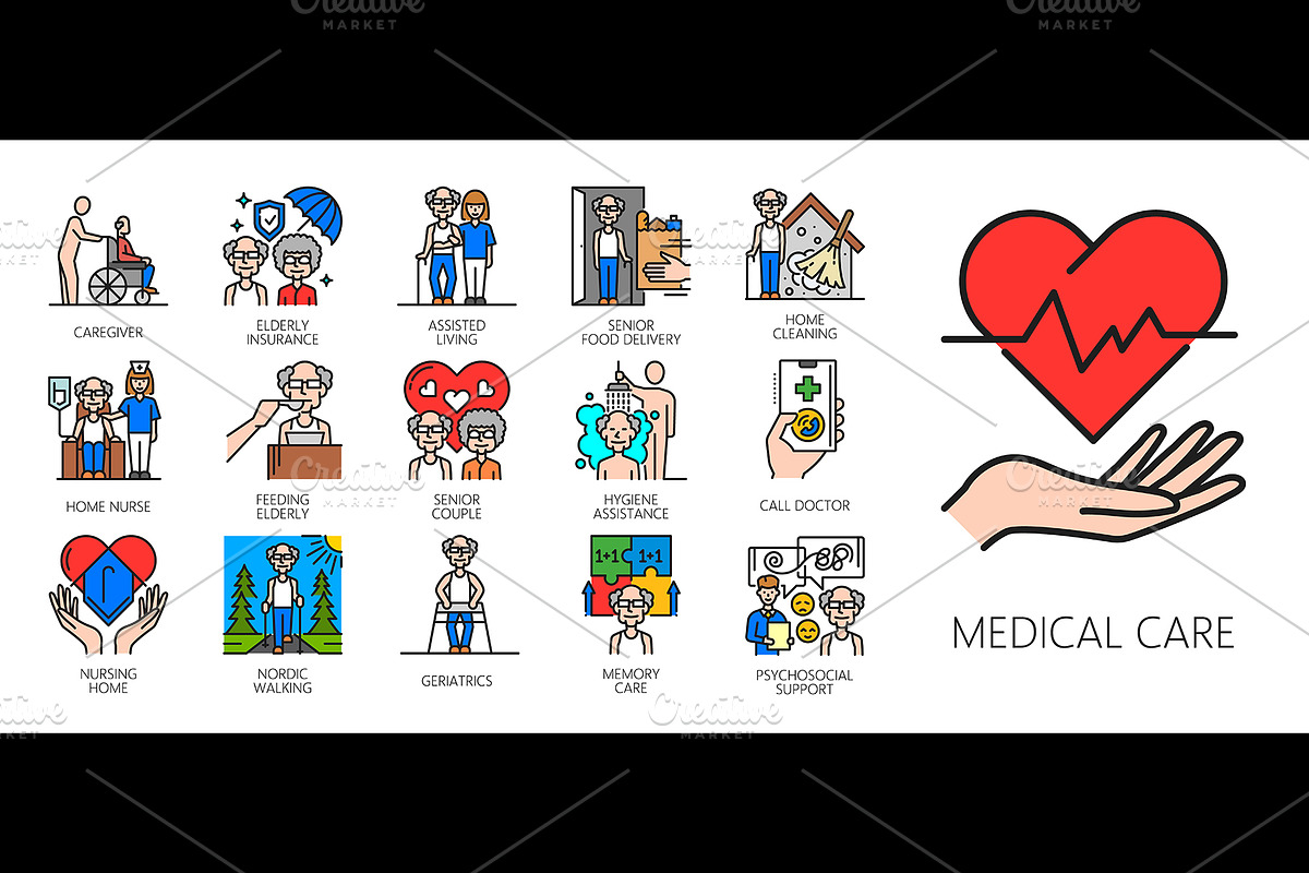 Elderly care service line icons, a Healthcare Illustration by Vector Tradition (Photo 1 of 3)