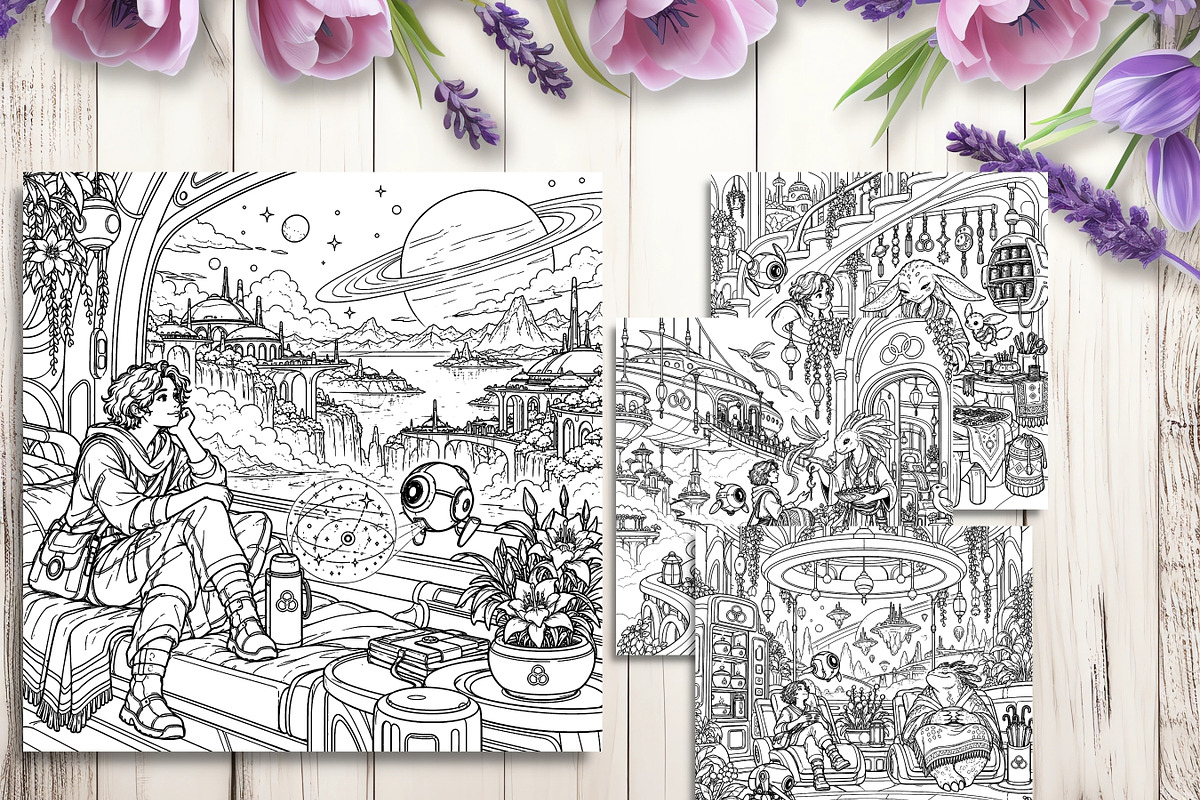 Cozy Sci-Fi Adult Coloring Pages, a Brochure Template by LA Design (Photo 6 of 10)
