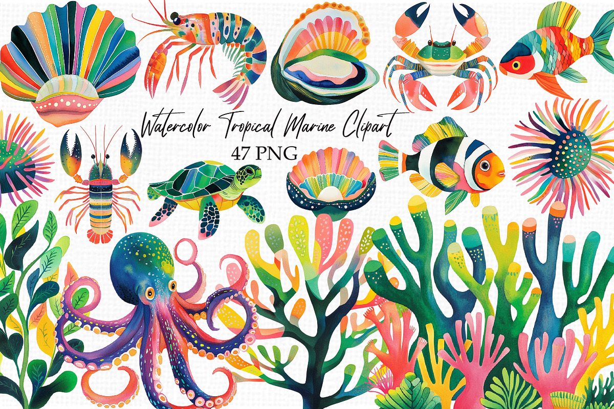Watercolor Tropical Marine Clipart, an Illustration by Libby Wishes (Photo 1 of 3)