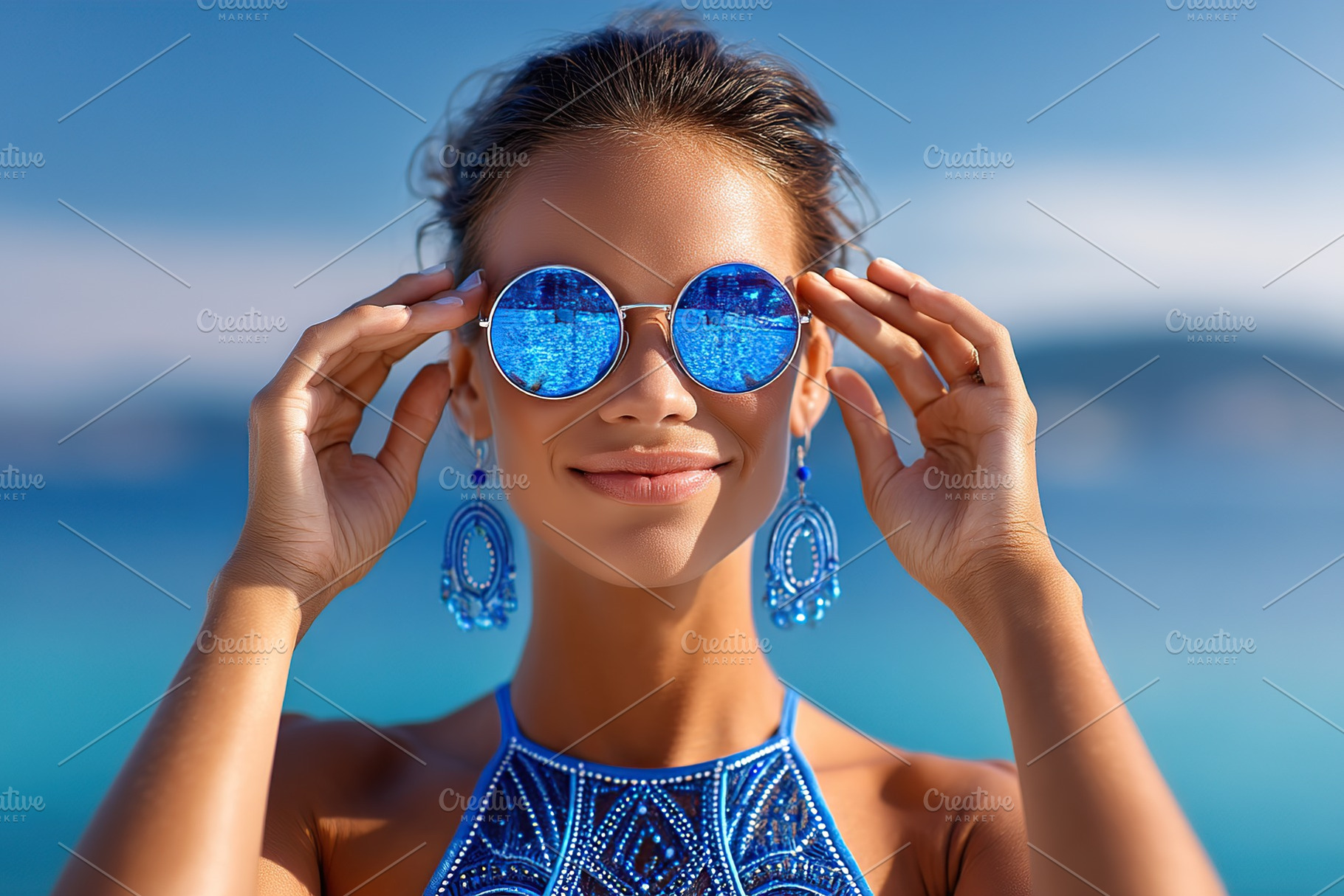 Young woman enjoying a sunny day by the water while wearing stylish sunglasses, a Person Photo by AlyaAnd