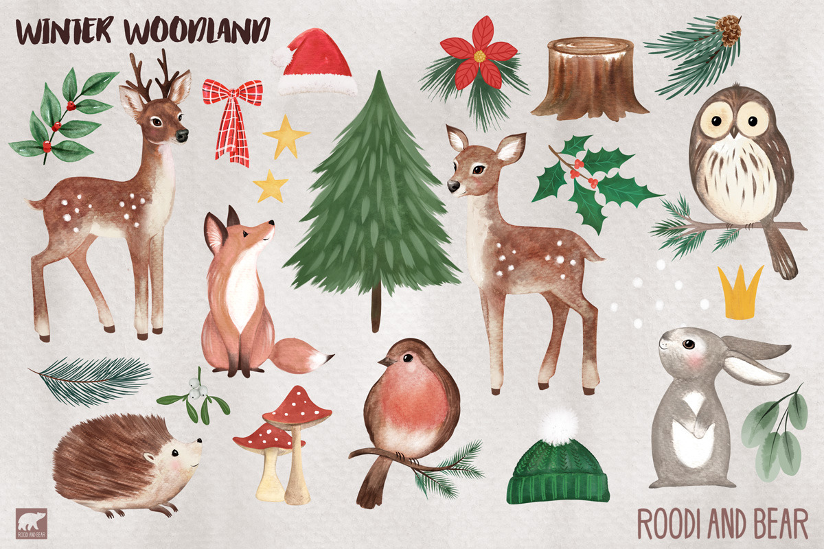 Christmas Watercolor Woodland, Xmas, an Illustration by Roodi and Bear (Photo 2 of 3)