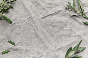 Olive branches framing wrinkled gray linen cloth background, a Background Photo by Olena Rudo