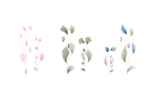 Watercolor leaves set with pink, an Illustration by okskukuruza