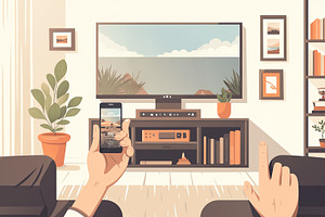 Using a smartphone for media streaming in a cozy living room setting, a Photo by AS photostudio