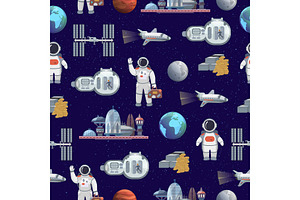 Space Tourism Future Travel City Vector Illustration With Astronaut And Spaceship Seamless Pattern Background